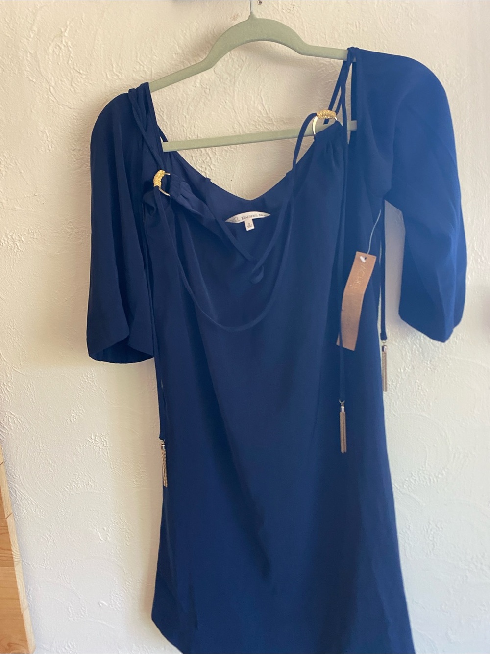 RACHEL Rachel Roy Navy Blue Drape-Neck Mini Dress with Gold Tassel Accents